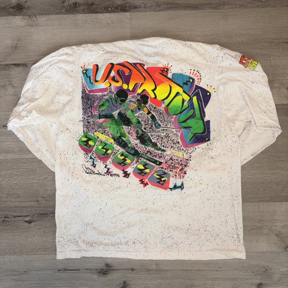 Vintage 1990 US Pro Ski Tour Long Sleeve T Shirt XL White Paint Splatter Rare